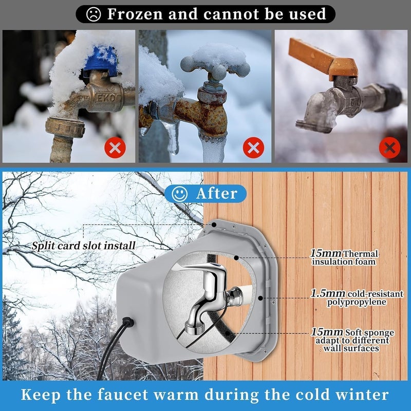 Bornerwhite 2 Pcs 2 in 1 Extra Long Pet Proof Outdoor Faucet Covers Winter w/Lock 8.5x7x5.5 in Thick Foam Plastic Spigot Cover Reflective Strips Faucet Cover for Outside Water Faucet Freeze Protection (Gray) - Image 3